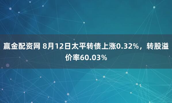 赢金配资网 8月12日太平转债上涨0.32%，转股溢价率60.03%